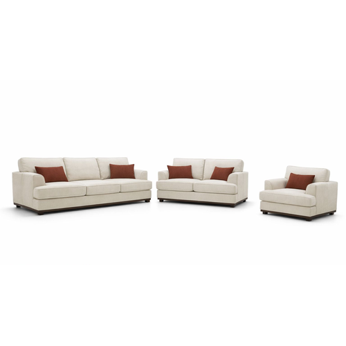 Beige sofa set with brown cushions on a white background
