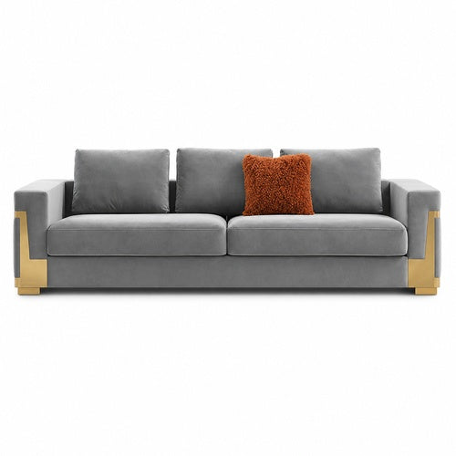 S1913-3 gray sofa with gold trim, centered on white