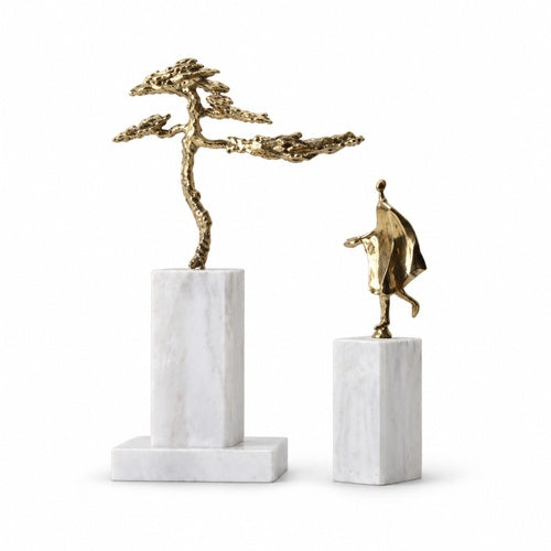 H1222B gold decorative sculptures on white marble bases, centered on white